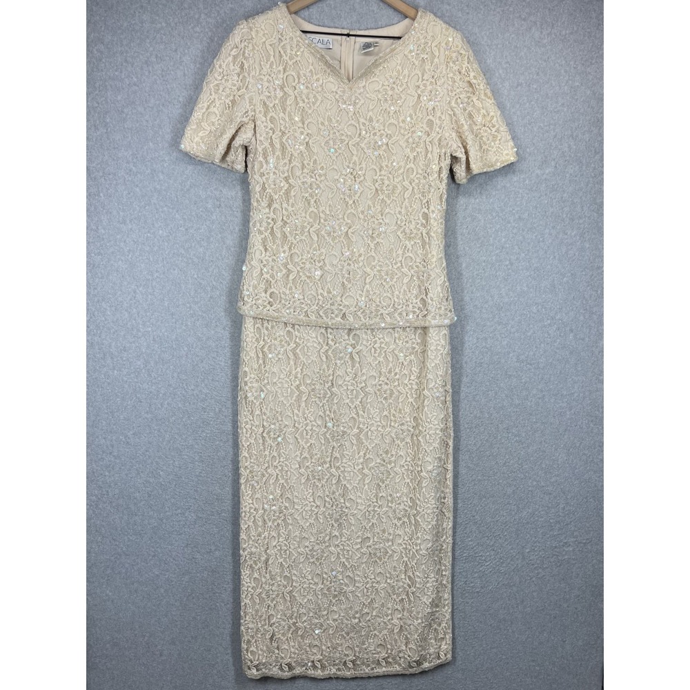 Scala Evening Gown Women XL Beige Lace Sequin Beaded Formal Mother of Bride EUC